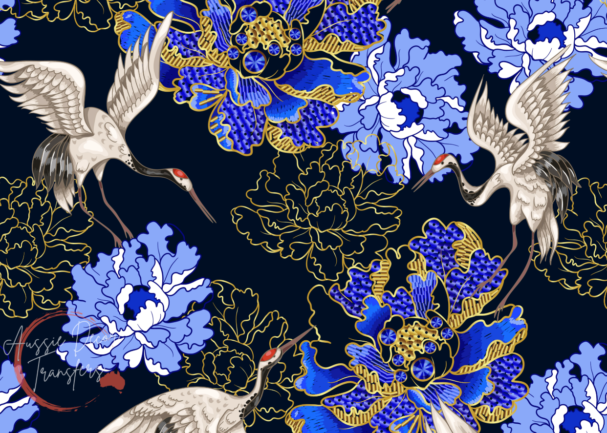 Self Adhesive Decoupage Print - Japanese Cranes & Indigo Blooms